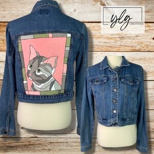 Cat Hand Painted Denim Jean Jacket Pink Gray Tabby Junior Large Forever 21